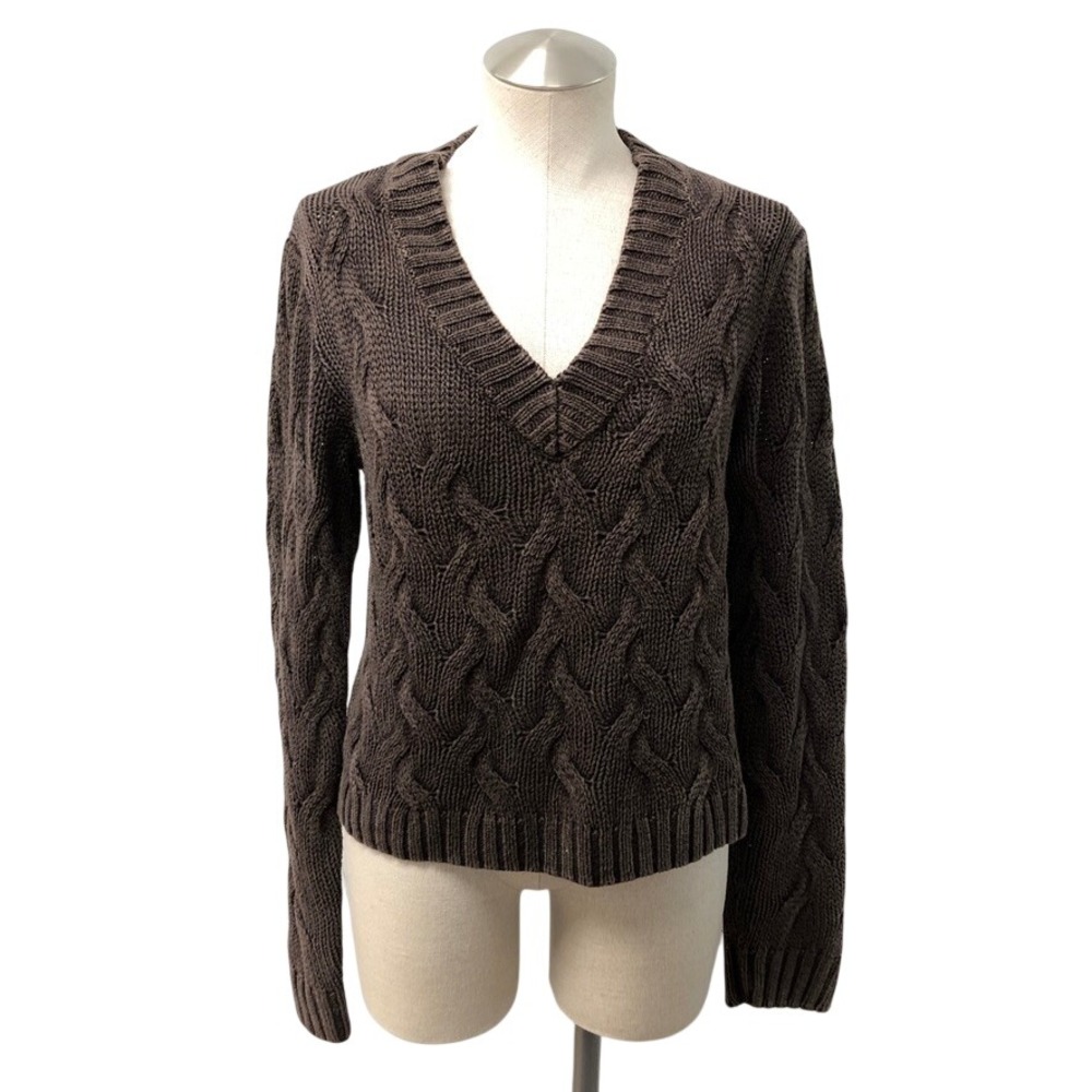 Bella Dahl Sweater Womens XS Brown Cable Knit V-Neck Long Sleeve Preppy Academia